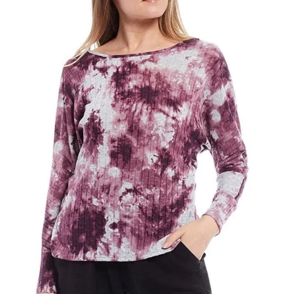 I. N. San Francisco Dolman Sleeve Tie-Dye Twist Back Top in Dark Mauve - Picture 2 of 15